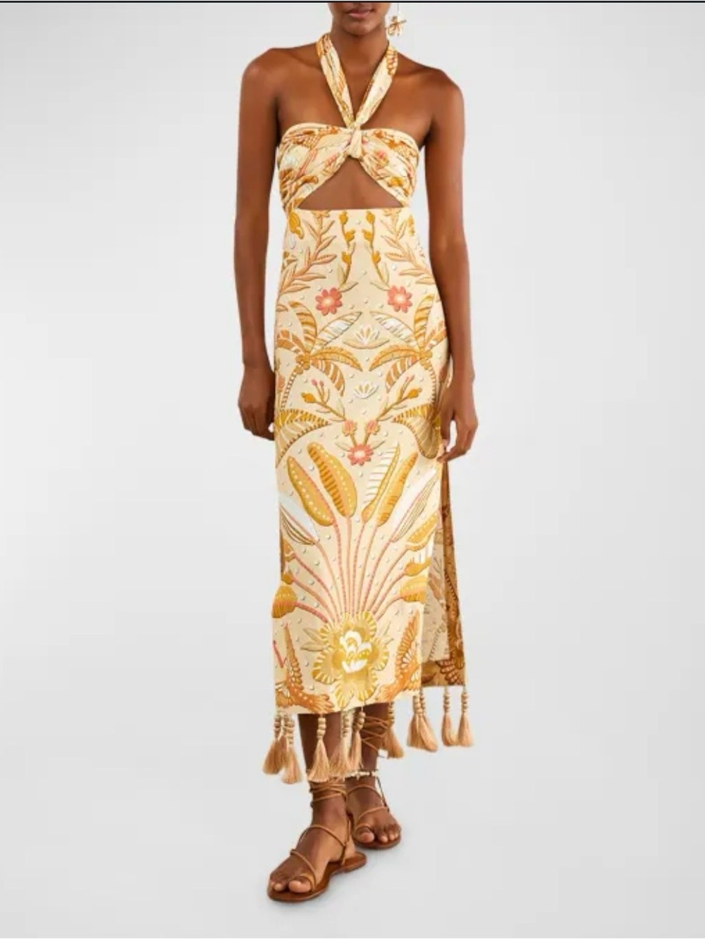 Boho Tassel Halter Cutout Maxi Dress - Yellow Floral